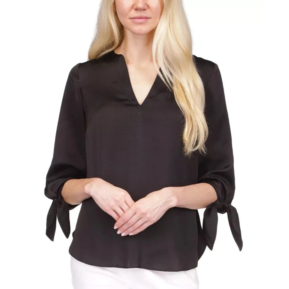 Michael Kors Blouse PXS Petite Black 3/4 Tie Sleeve V-Neck Pullover Top Solid